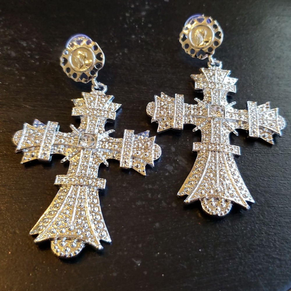 New Silver Tone Cross Earrings